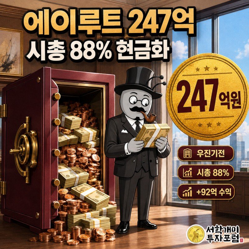 부자개미가 열린 금고에서 쏟아지는 지폐 다발을 들어올리며 놀라고 기뻐하는 모습, 옆에 247억원 수치 배지