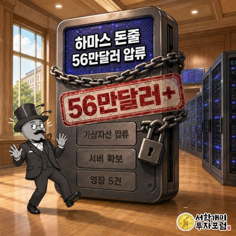 쇠사슬에 감긴 거대한 크립토 지갑에 진홍색 압류 도장이 찍히고, 서버가 꺼져가는 관공서 배경 앞에서 부자개미가 실크햇을 붙잡으며 놀라는 모습