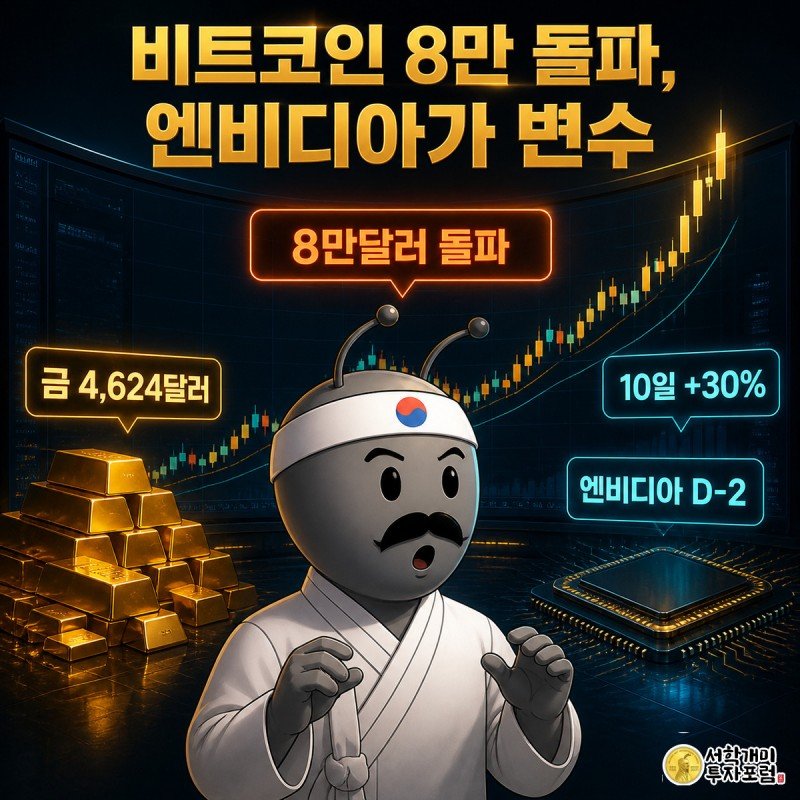 거대한 비트코인 차트가 8만달러 선을 뚫고 치솟는 것을 개미가 놀란 표정으로 올려다보는 표지 그림