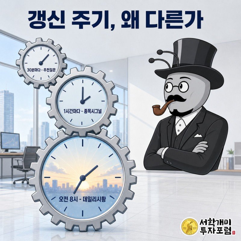 양반개미가 30분, 1시간, 오전 8시로 크기가 다른 세 개의 톱니 시계를 신중하게 살펴보는 모습