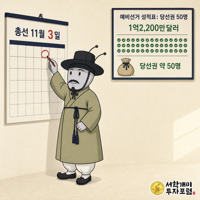 부자개미가 11월 3일에 동그라미를 치는 옆으로 체크된 후보 명단과 달러 다발이 쌓여 있는 그림
