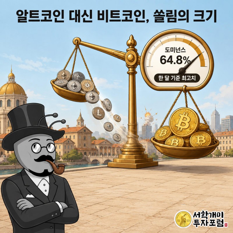 알트코인이 쏟아지고 비트코인이 쌓이며 저울 바늘이 도미넌스 64.8%를 가리키는 인포그래픽