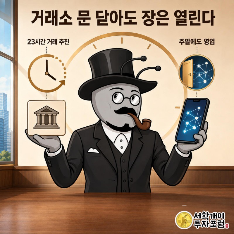 나스닥의 23시간 거래 추진과 가상자산 거래소의 주식·ETF 매매 확대로 전통 금융과 디지털 금융이 경쟁하는 모습을 그린 그림