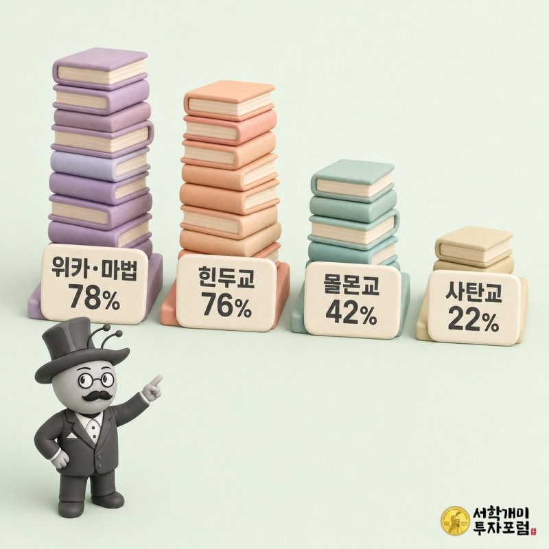 위카·마법, 힌두교, 몰몬교, 사탄교 순으로 높이가 다른 책더미 미니어처 네 개와 그 옆에 선 작은 개미 피규어들을 나란히 배치한 소프트 클레이 3D 비교 이미지.