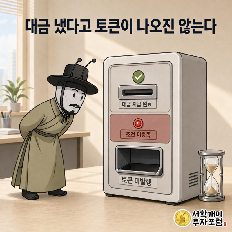 개미가 돈을 넣은 토큰 발행기의 신호등이 빨간불로 켜져 토큰이 나오지 않는 장면
