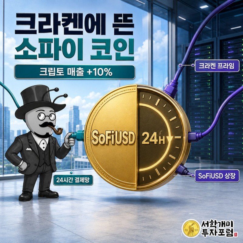 개미 캐릭터가 소파이 로고색과 크라켄 로고색 케이블이 꽂힌 거대한 SoFiUSD 골드 코인 옆에서 뿌듯한 표정을 짓고 있는 커버 일러스트