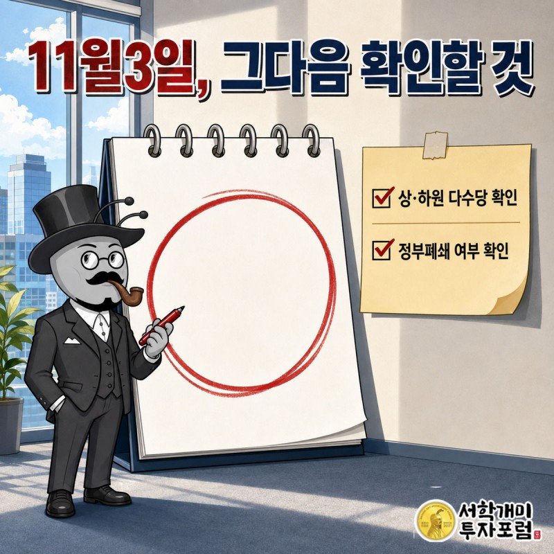 개미가 11월3일에 동그라미 친 달력 옆에서 상하원 결과와 정부폐쇄 여부 체크리스트를 가리킨다.