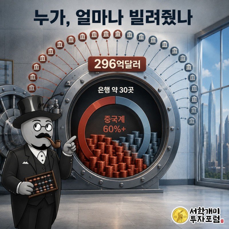 서른 곳 은행이 동전을 쏟아 붓는 금고 안에서 붉은 중국계 은행 동전이 절반을 넘게 차지한 그림을 부자개미가 가리키는 모습