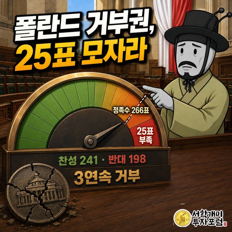 폴란드 하원 표결 게이지가 정족수 266표에 25표 못 미친 241표에 멈춰 있고 부자개미가 낙담한 표정으로 바늘을 가리키는 그림