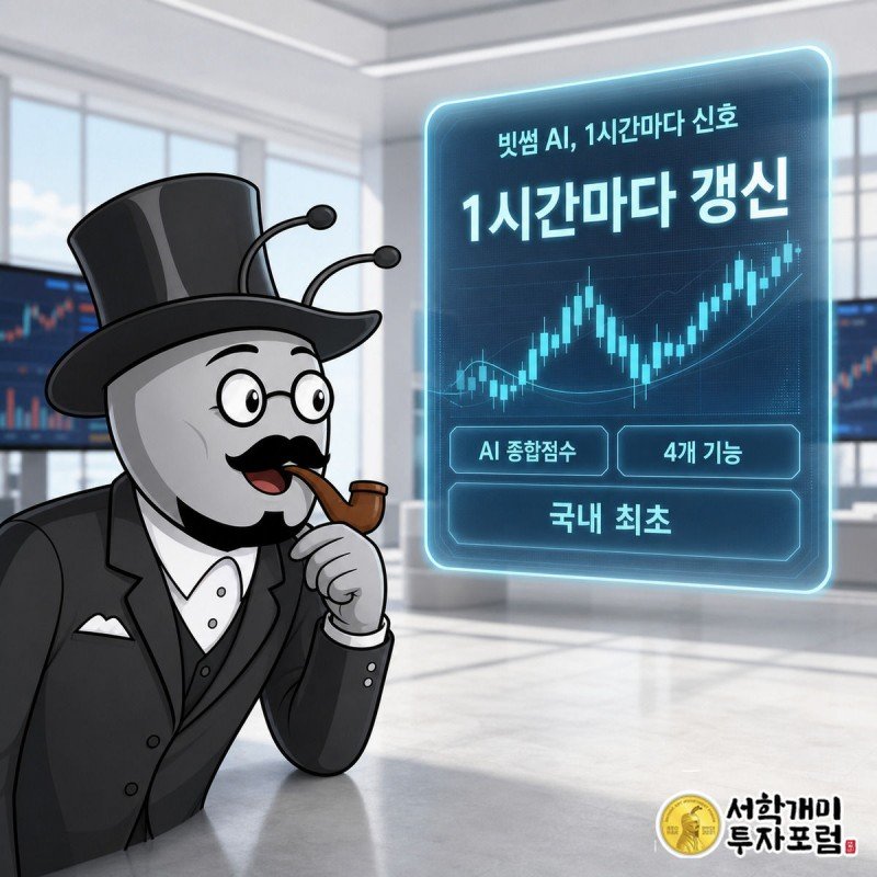 부자개미가 트레이더 라운지에서 1시간마다 갱신되는 빗썸 AI 캔들차트 신호를 올려다보며 놀라는 모습