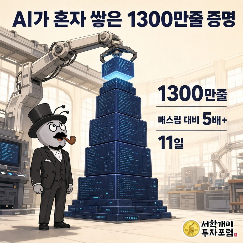 코드 블록으로 이루어진 탑을 혼자 쌓아 올리는 클로드를 안전모 쓴 개미가 올려다보는 장면, 탑 옆에 1300만줄이라는 숫자가 떠 있다.