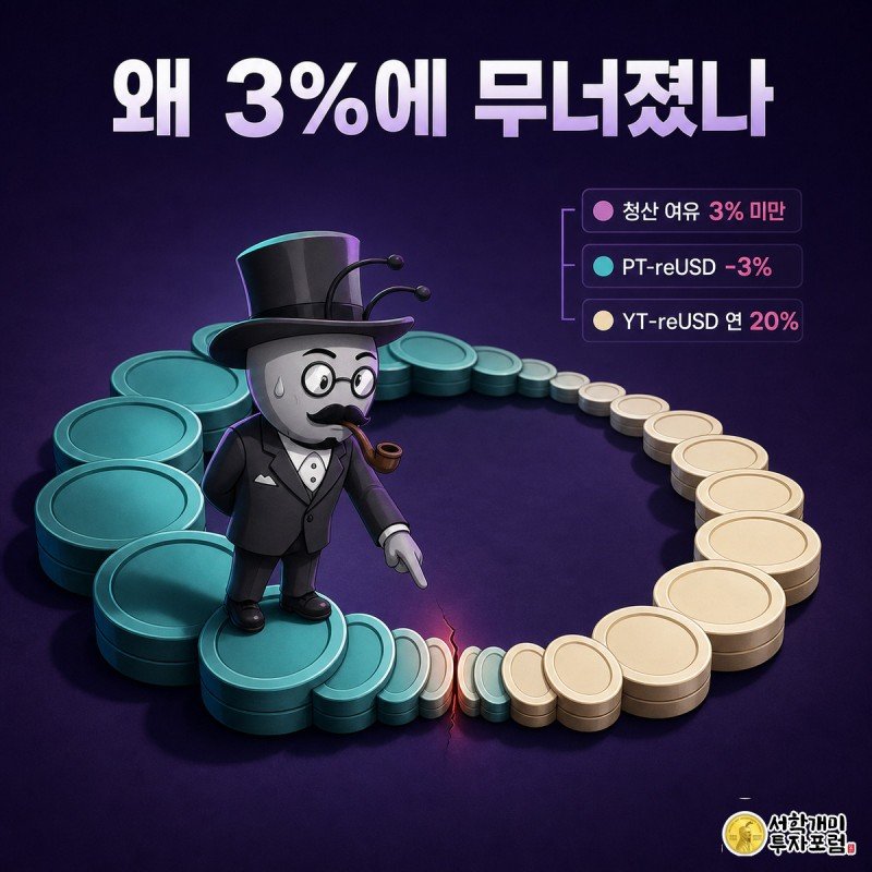 개미가 USDC와 PT-reUSD 토큰이 고리처럼 맞물려 도는 순환 대출 구조를 걷다가 좁아진 균열 지점을 발견하고 의심스러운 표정을 짓는 장면