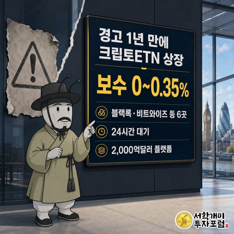 해리스랜스다운 부자개미가 크립토ETN 상장보드 앞에서 득의양양한 표정을 짓고, 화면 왼쪽엔 1년 전 경고 포스터가 찢겨 있다
