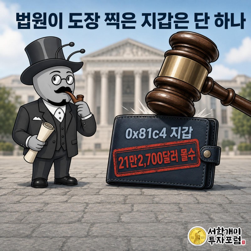 판사봉이 디지털 지갑 카드에 몰수 도장을 찍는 순간을 양반개미가 지켜보는 장면