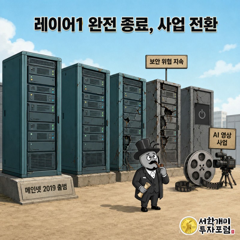 2019년부터 이어진 하모니 서버 타워가 균열 끝에 꺼지고 개미가 종료 선언문을 든 채 올려다보는 그림