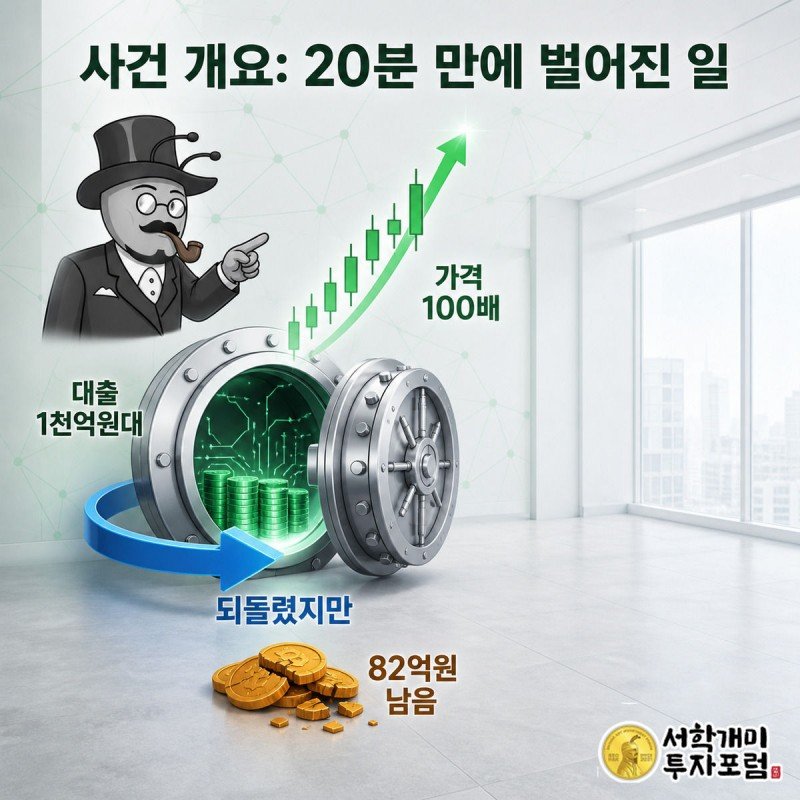 대출 금고에서 코인이 쏟아지고 되돌리기 화살표가 대부분을 회수하지만 82억원만 남는 장면