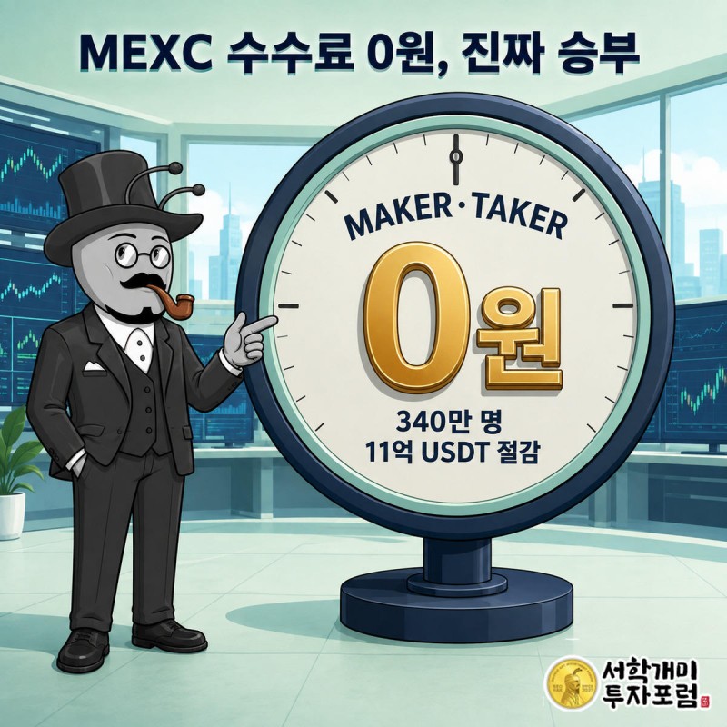 MEXC 수수료 게이지 바늘이 0을 가리키자 서민개미가 놀라며 가리키는 모습
