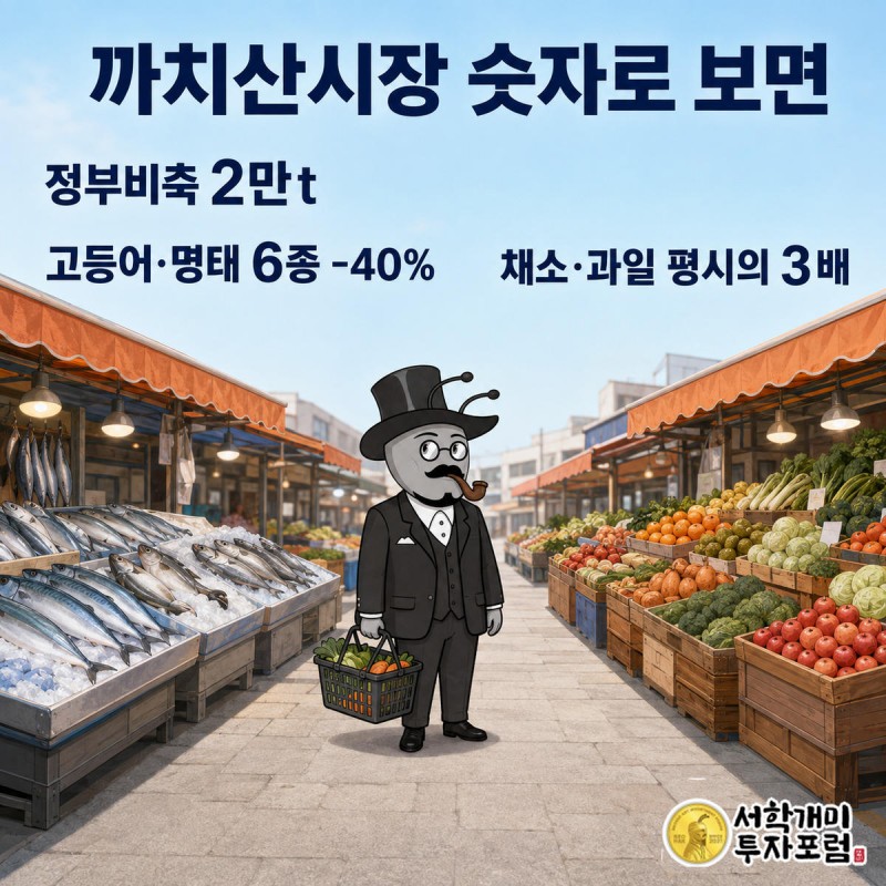 까치산시장 생선 좌판과 채소 좌판을 서민개미가 장바구니를 들고 번갈아 살펴보는 모습