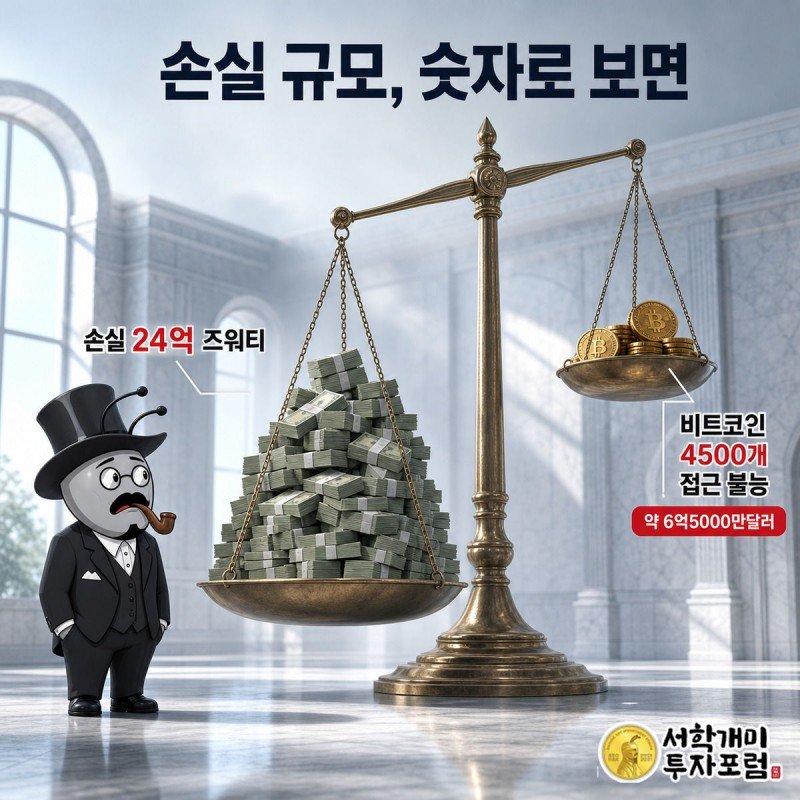 지폐 더미 쪽으로 기운 저울을 올려다보며 낭패한 표정을 짓는 부자개미와 비트코인 접시