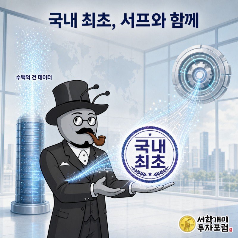 부자개미가 서프의 방대한 데이터와 빗썸 AI가 합쳐지는 자리에서 국내 최초 도장을 받는 모습