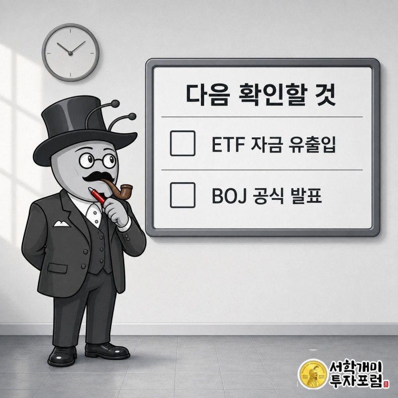 ETF 자금 유출입과 BOJ 공식 발표라는 두 확인 항목이 적힌 체크리스트 앞에 선 양반개미