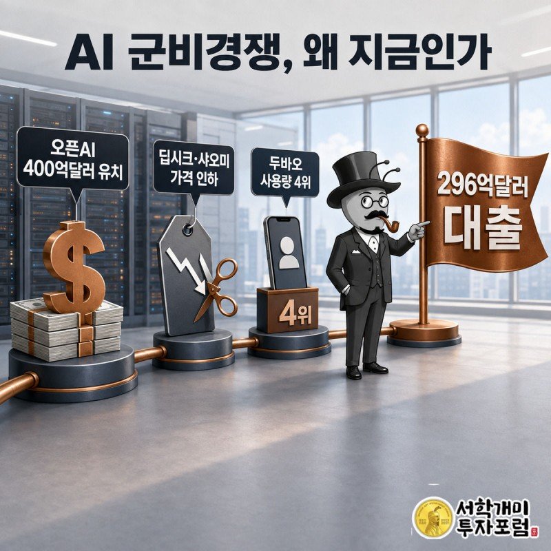 2025년 오픈AI 투자 유치부터 두바오 순위, 가격 인하까지 이어지는 타임라인 끝에 296억달러 대출 깃발을 부자개미가 가리키는 그림