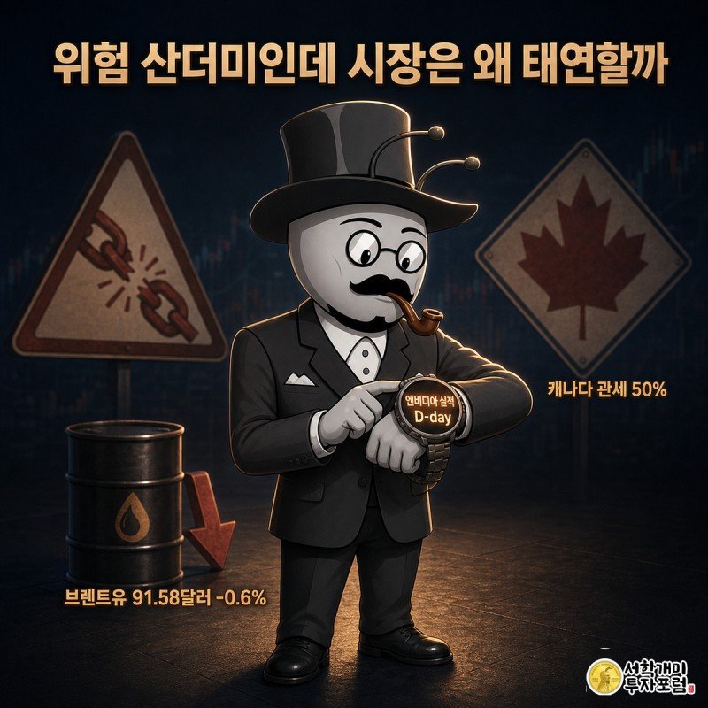 흐릿한 이란제재·캐나다관세 경고 표지판 사이에서 개미가 팔짱을 끼고 손목의 엔비디아 실적 카운트다운만 태연히 들여다보는 모습