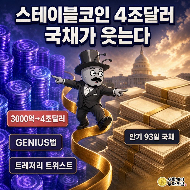 짙은 보라빛 스테이블코인 더미와 황금빛 국채 다발이 대각선으로 맞붙은 장면에서, 개미가 둘을 잇는 꼬인 금빛 리본 위에 올라서서 양쪽을 가리키며 놀란 표정을 짓고 있다.
