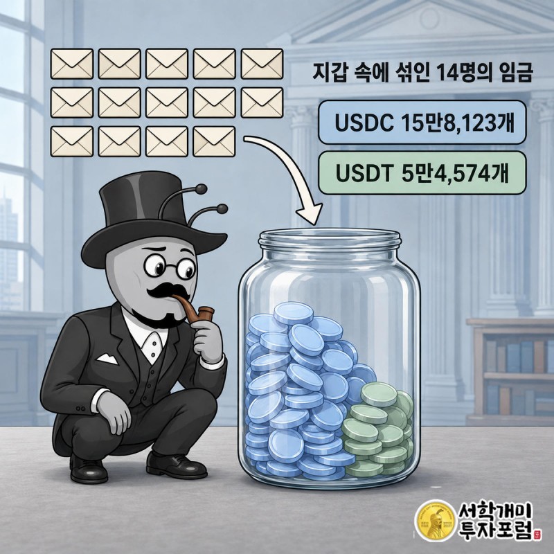 투명한 지갑 안에 USDC와 USDT 코인 더미가 나뉘어 쌓이고 임금봉투가 흘러드는 장면