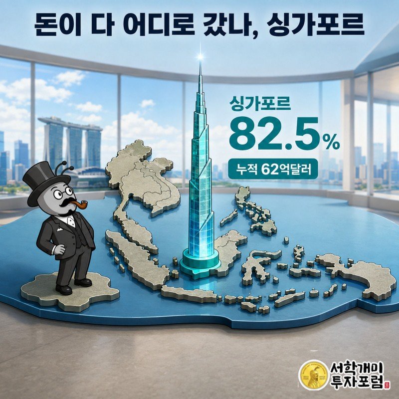 서민개미가 홀로 우뚝 솟은 싱가포르 첨탑 모형을 놀란 표정으로 올려다보는 그림