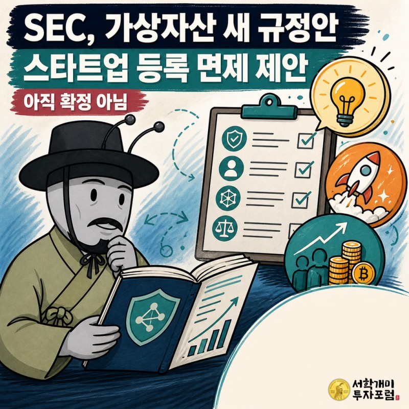 SEC 가상자산 규정안과 스타트업 등록 면제 제안 및 미확정 상태를 설명하는 양반개미 기자
