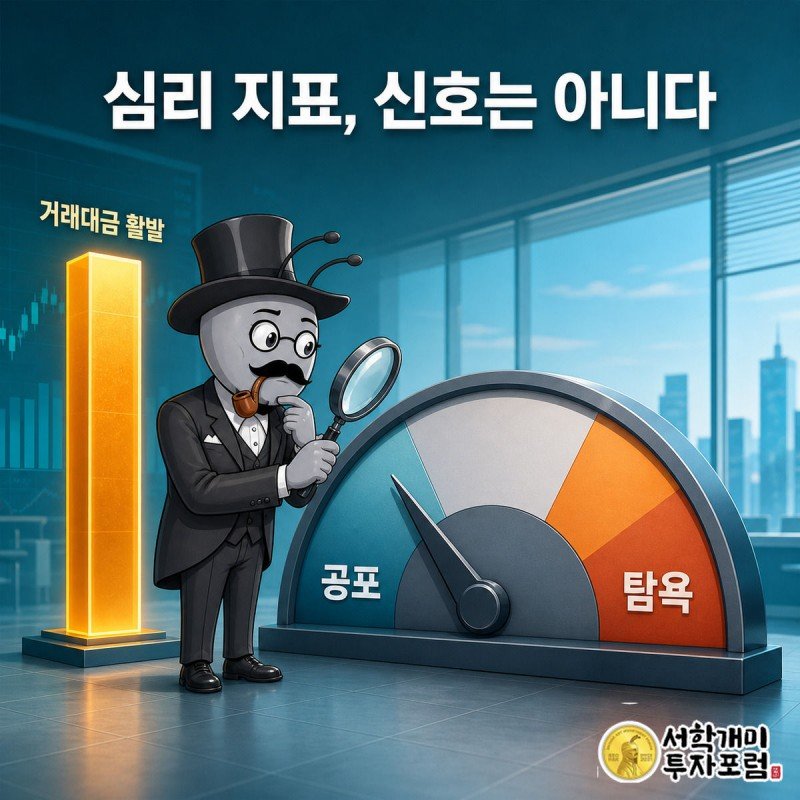 서민개미가 돋보기로 공포·탐욕 지수 게이지와 거래대금 막대그래프를 의심스러운 표정으로 살피는 모습