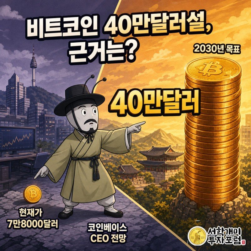 부자개미 캐릭터가 화면을 가른 대각선 양쪽에서 작은 비트코인 동전과 거대한 금빛 동전 탑을 번갈아 가리키며 놀라는 정보 일러스트 커버 이미지