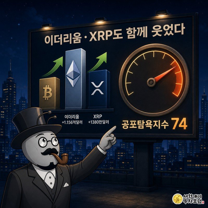 개미가 야간 전광판에 나란히 치솟는 비트코인·이더리움·XRP 유입 막대와 탐욕을 가리키는 계기판을 올려다보는 모습