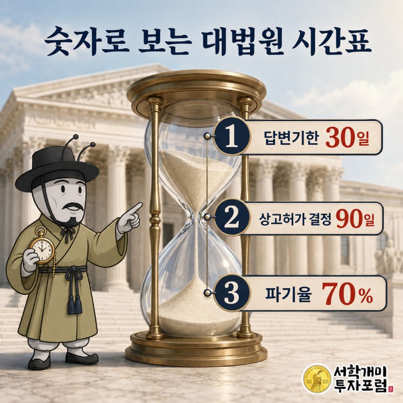 부자개미가 회중시계를 들고 모래시계 옆 30일·90일·70% 수치 배지를 순서대로 짚어보는 그림