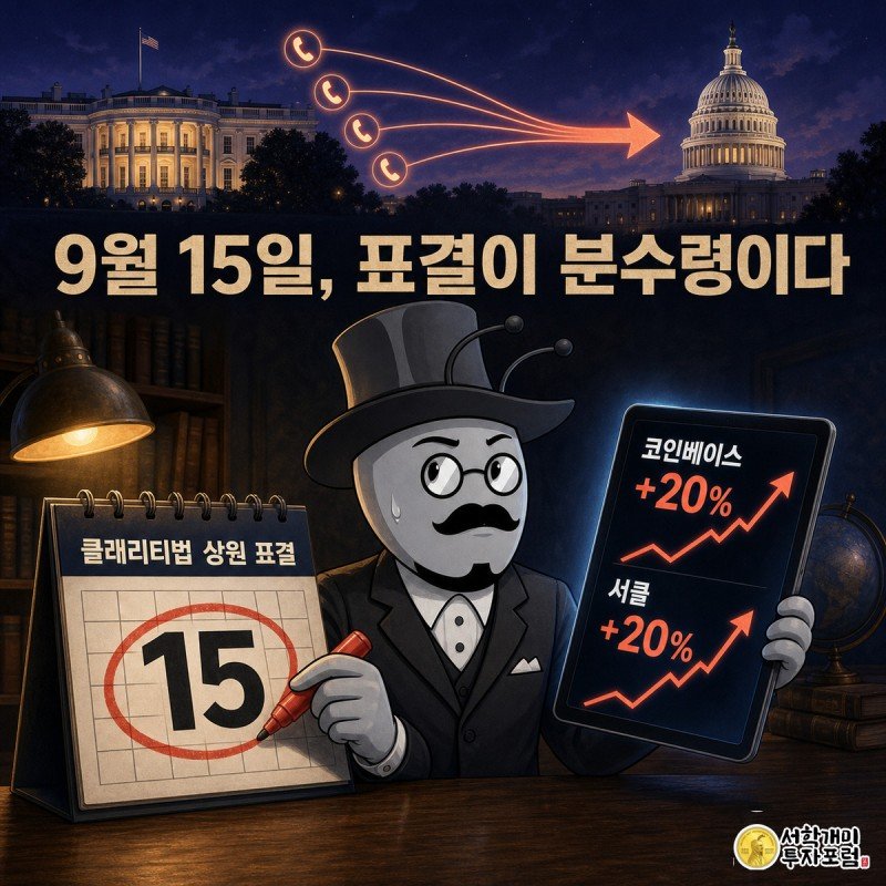개미가 벽걸이 달력의 9월15일을 붉은 원으로 표시하며, 다른 손에 든 태블릿에는 코인베이스와 서클 주가가 20% 넘게 치솟은 그래프가 떠 있다.