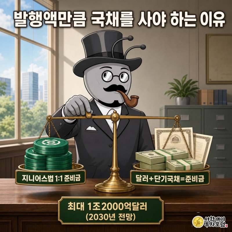 저울 위에서 스테이블코인과 달러·국채증서가 1대1로 맞춰지는 모습을 진지하게 확인하는 개미