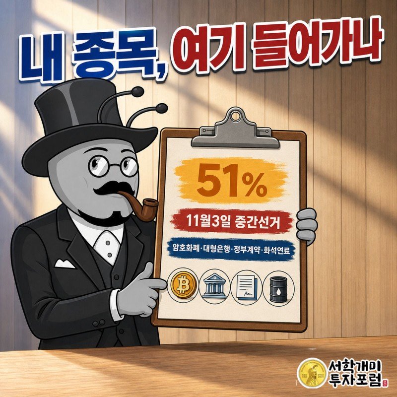 개미가 클립보드에 정리된 블루웨이브 확률 51%, 중간선거일, 영향 업종 네 가지를 확인하고 있다.