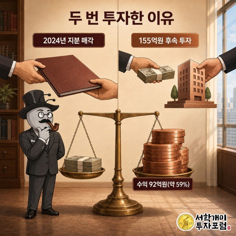 지분을 매각한 뒤 다시 155억원을 투자하는 두 장면을 저울로 비교하며 92억원 수익을 보여주는 그림