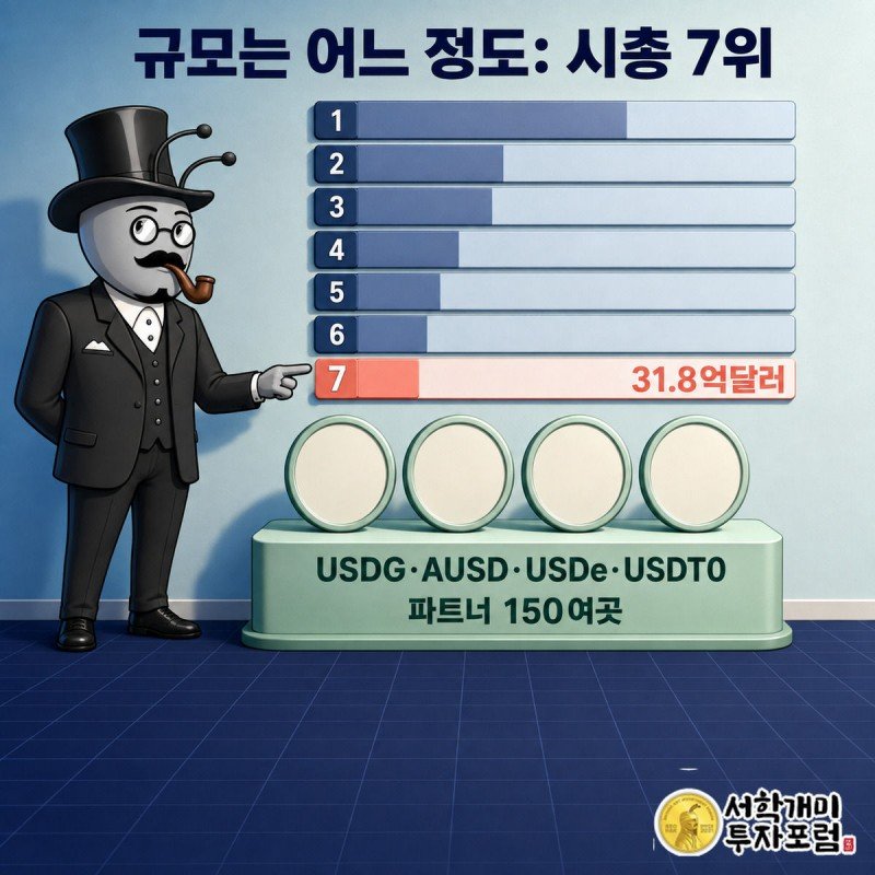 스테이블코인 시가총액 순위 사다리에서 7위에 선 USDG와 멘틀 위 네 개 코인 아이콘을 개미가 가리키는 그림
