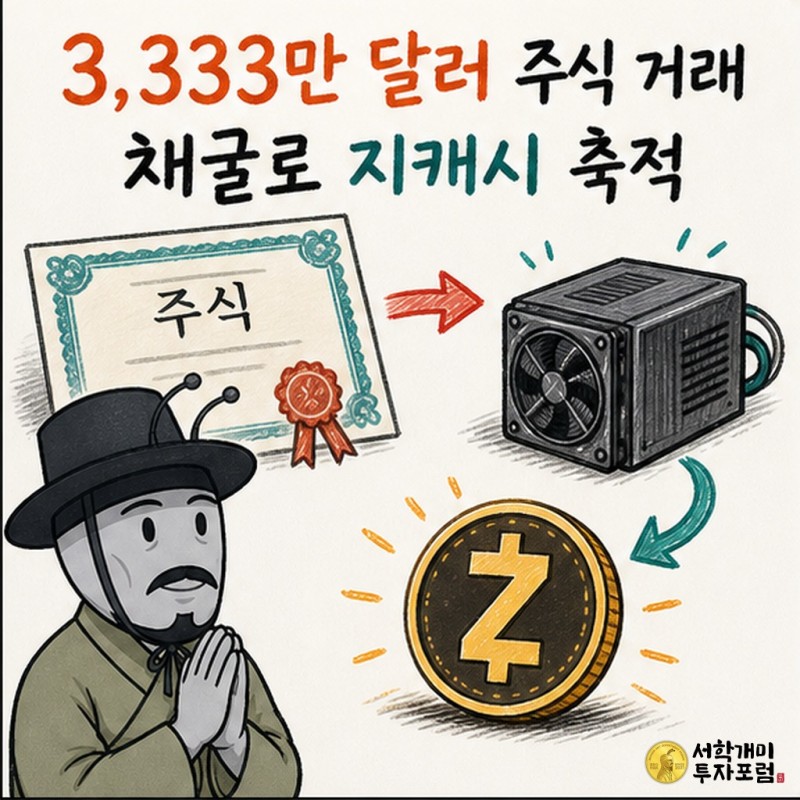 주식 거래로 채굴 설비를 확보해 지캐시를 축적하는 구조