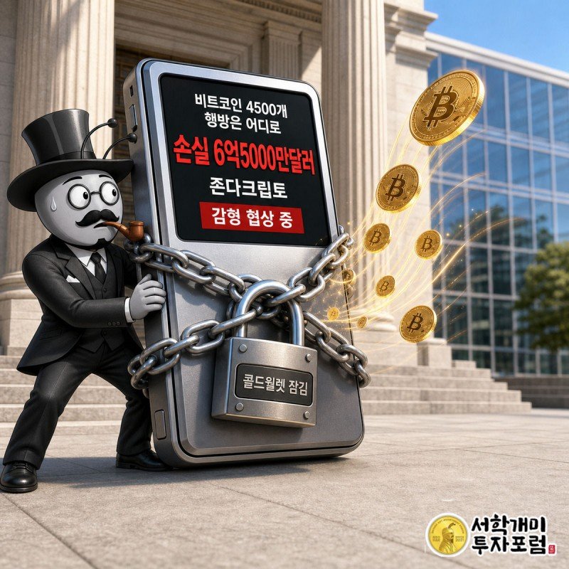 잠긴 콜드월렛을 붙잡고 당황한 표정을 짓는 부자개미와 손실액·비트코인 4500개 수치가 담긴 커버 이미지