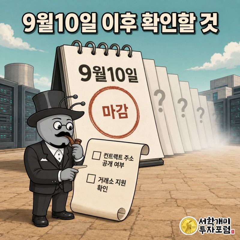 달력의 9월10일에 마감 도장이 찍히고 그 뒤는 안개로 가려진 채 개미가 체크리스트를 살피는 그림