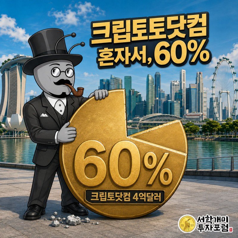 부자개미가 60%라고 새겨진 거대한 황금 동전을 끌어안고 싱가포르 스카이라인 앞에서 흡족한 미소를 짓는 그림