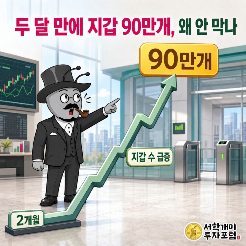 두 달 만에 0에서 90만까지 치솟은 막대그래프를 개미가 가리키며 놀라고 뒤에서 부자개미가 여유롭게 지켜보는 그림