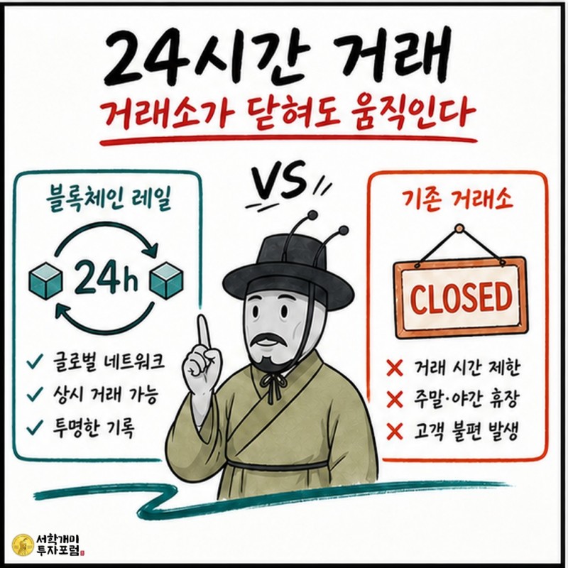 24시간 토큰 거래와 전통 거래시간을 비교하는 양반개미