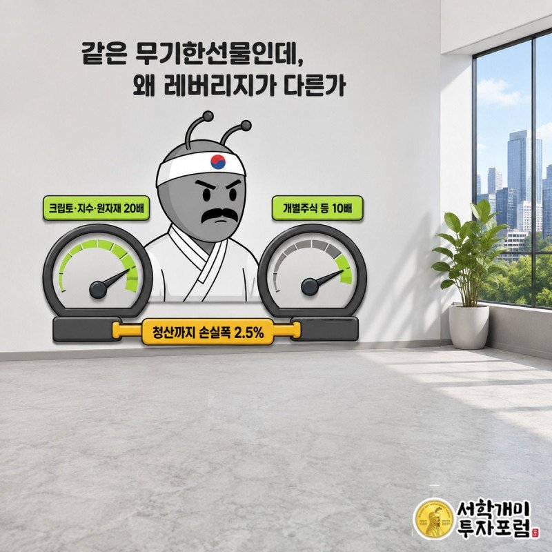 부자개미가 20배까지 오른 왼쪽 계기판과 10배에 멈춘 오른쪽 계기판 사이에 서서 손실 청산선을 살펴보는 그림