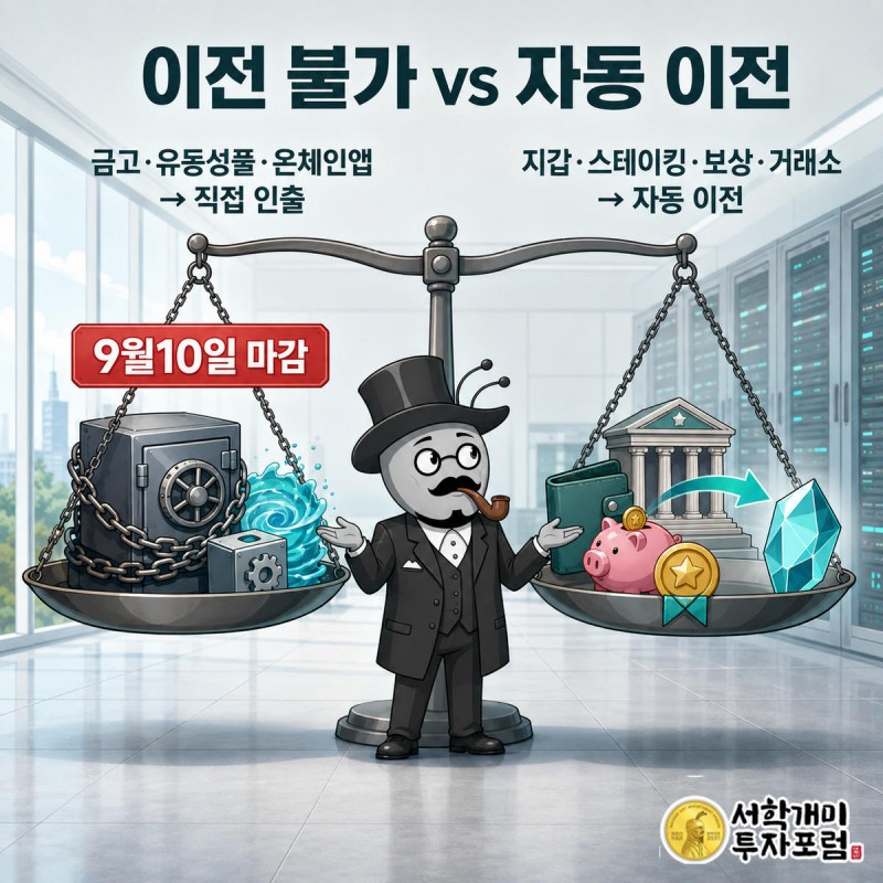 이전 불가한 금고 칼럼과 자동 이전되는 지갑 칼럼 사이에서 개미가 저울 위에 서서 자산 종류를 확인하는 그림