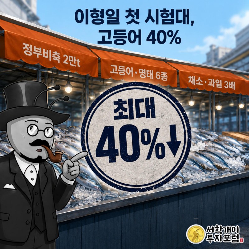 까치산시장 좌판의 고등어에 40% 할인 스탬프가 찍혀 있고 서민개미가 놀란 표정으로 가리키는 모습