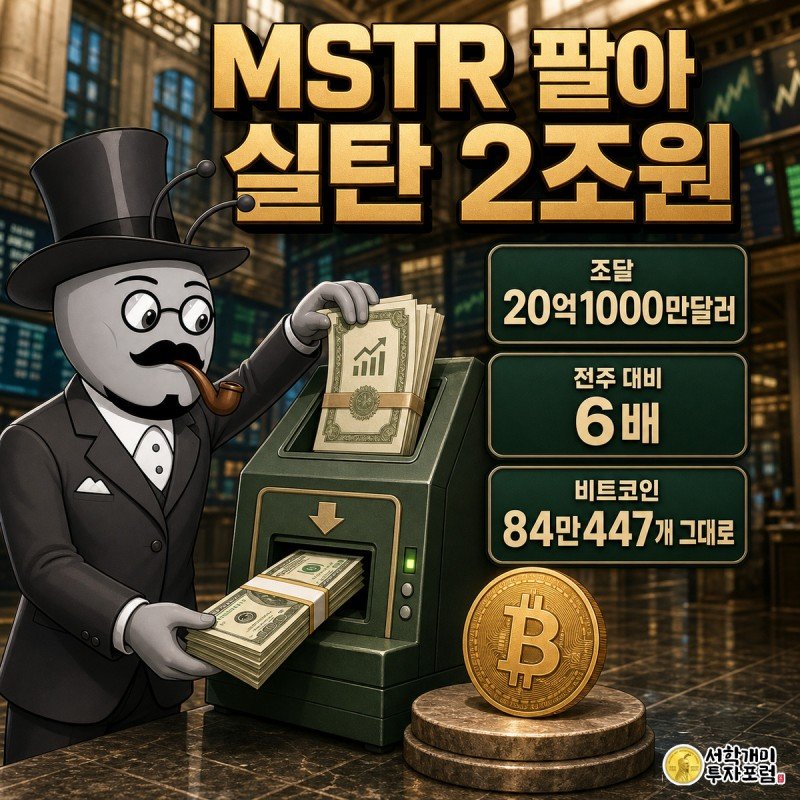 개미가 MSTR 주식증서를 현금화 기계에 넣어 달러 다발을 받으면서, 먼지 앉은 채 손대지 않은 금빛 비트코인 동전을 곁눈질하는 그림